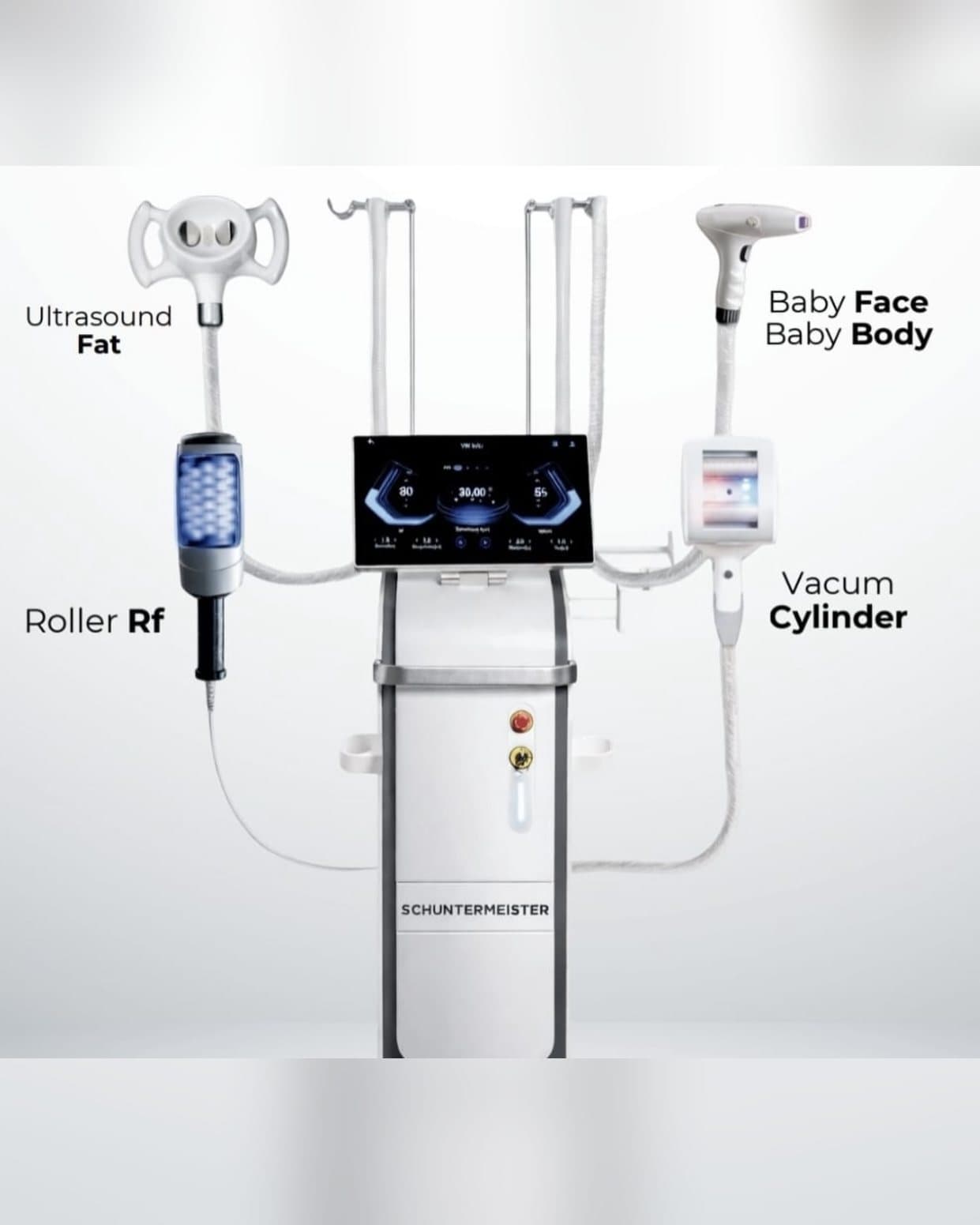 Schuntermeister cihazı ve başlıkları: Ultrasound Fat, Roller RF, Vacuum Cylinder, Baby Face ve Baby Body